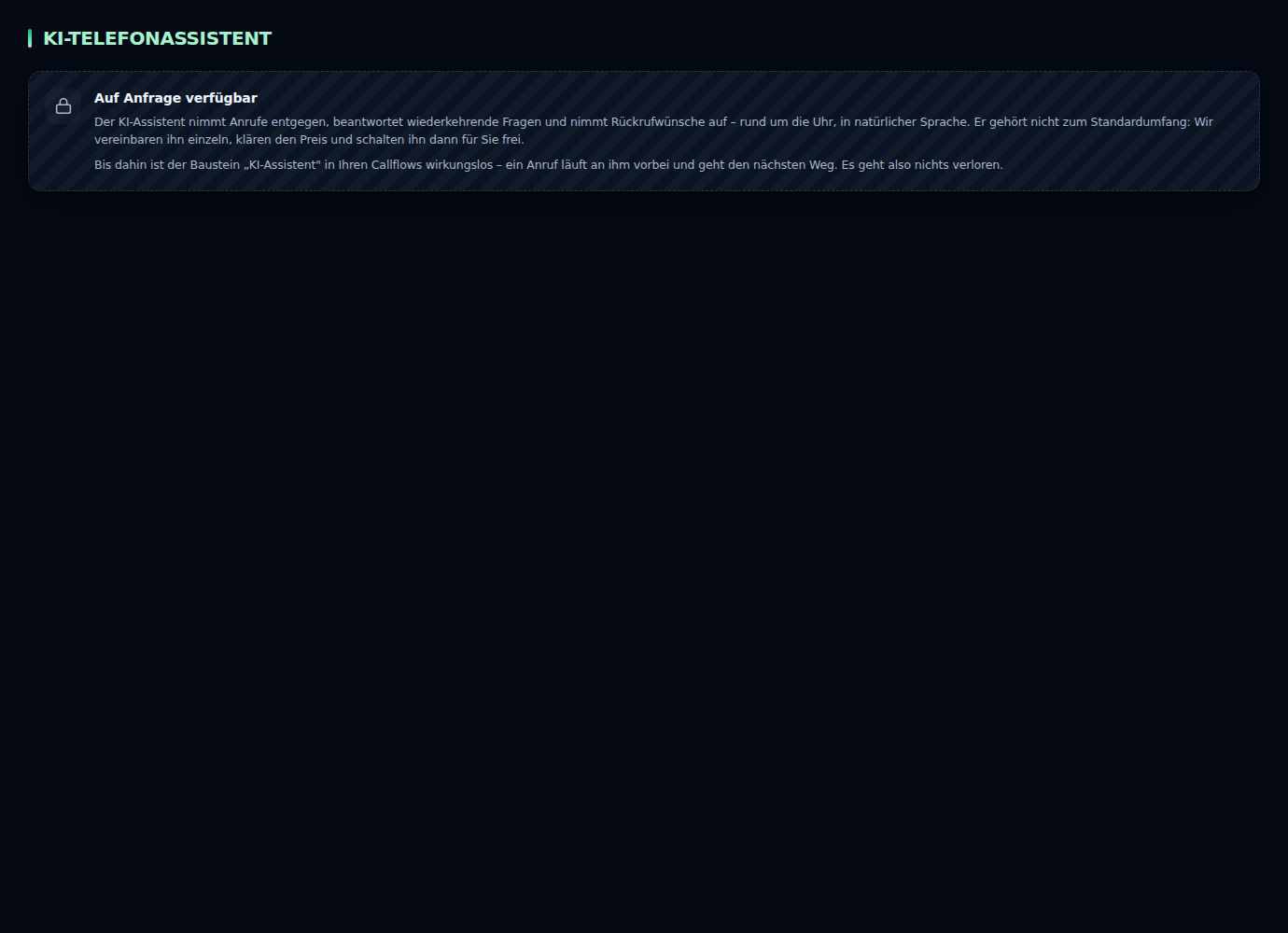 Die Einrichtung des KI-Assistenten im Portal von Taamas Universe: Zuordnung zum Mandanten, Gesprächsziele und Ausweichweg.