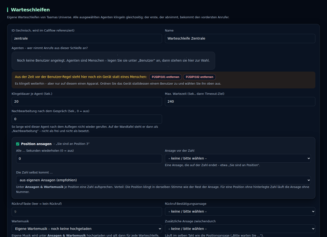Die Warteschleifen-Verwaltung im Portal von Taamas Universe: Agenten, Klingelzeit, Positionsansage und Rückrufangebot je Schleife.
